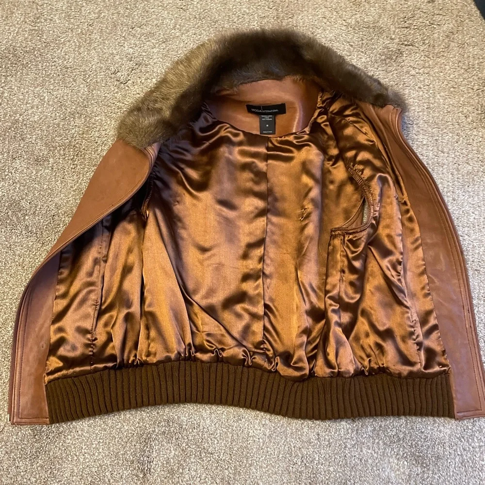 VTG Moda International Brown Leather Vest with Faux Fur Size M Aviator Bomber - Picture 7 of 13